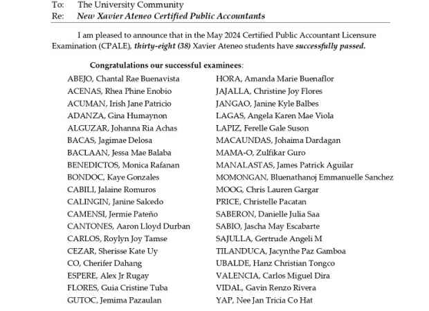 Memo #U2324-100: New Xavier Ateneo Certified Public Accountants