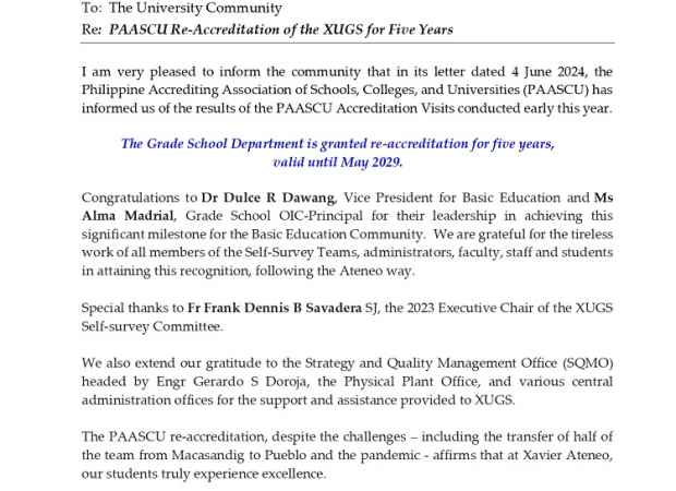 Memo #U2324-089: PAASCU Re-Accreditation of the XUGS for Five Years