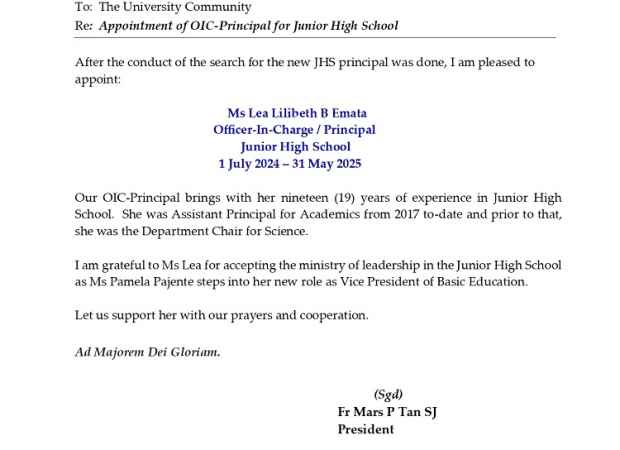 Memo #U2324-091: Appointment of OIC-Principal for Junior High School