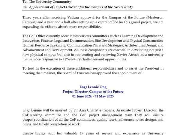 Memo #U2324-092: Appointment of Project Director for the Campus of the Future (CoF)